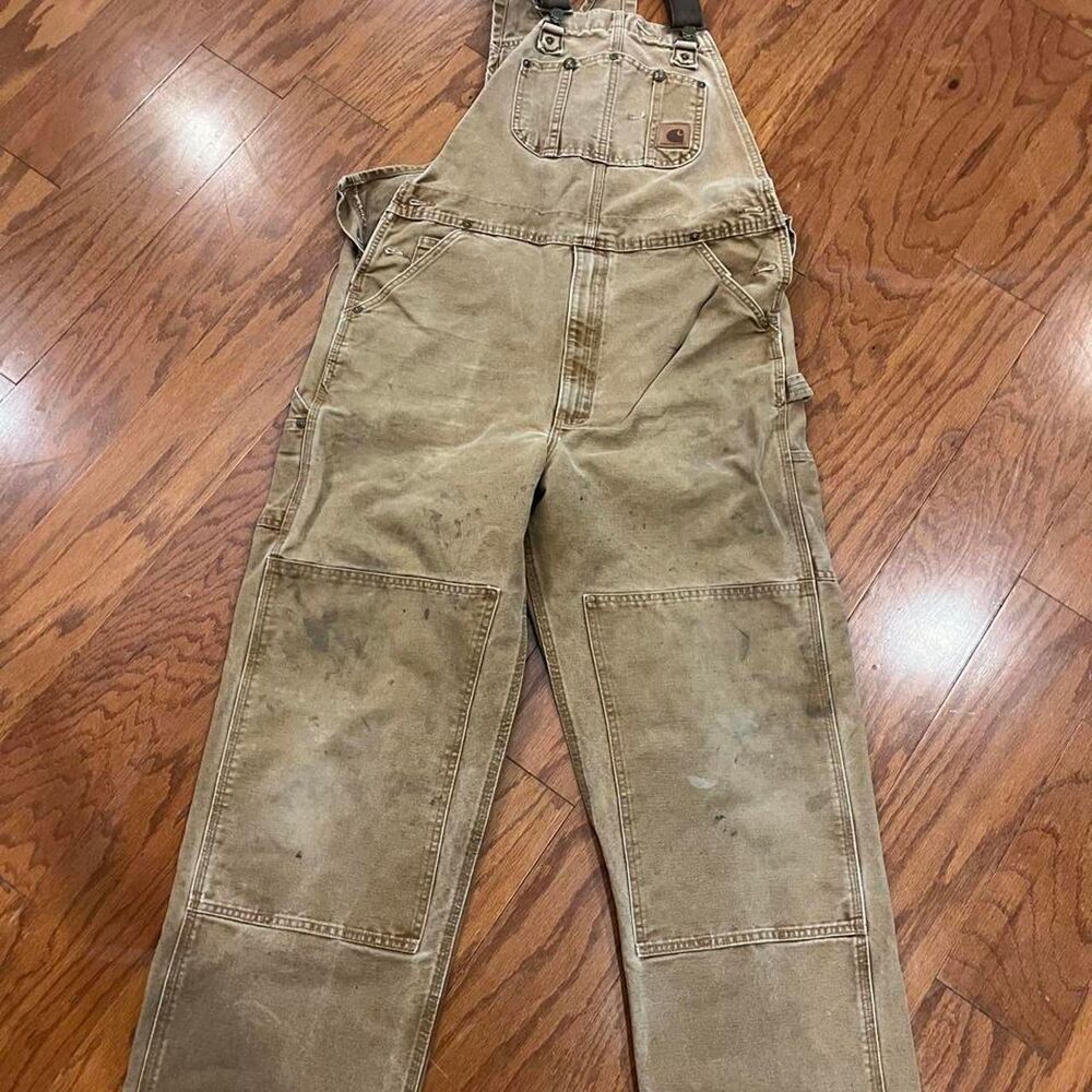 Carhartt Men's Brown and Tan Dungarees-overalls 36x34 stains streetwear